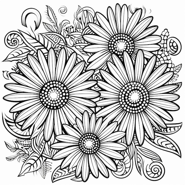 un dibujo en blanco y negro de flores con remolinos ai generativo