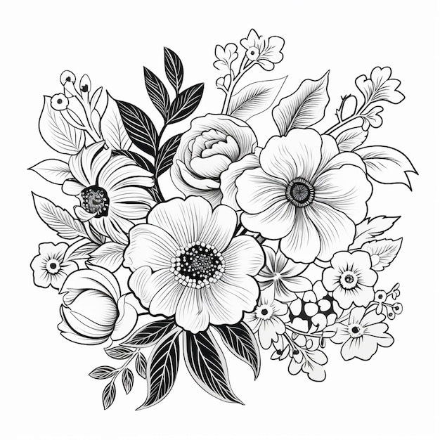 un dibujo en blanco y negro de flores sobre un fondo blanco ai generativo