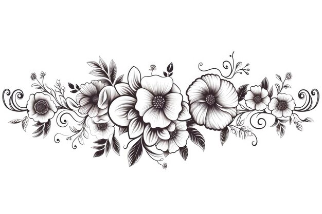 un dibujo en blanco y negro de flores sobre un fondo blanco.