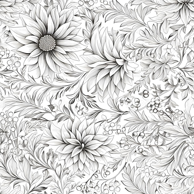 Dibujo en blanco y negro de un fondo floral con flores.