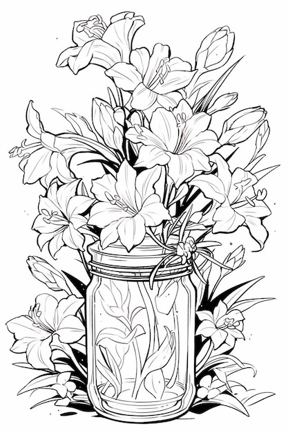 Un dibujo en blanco y negro de un frasco con flores en él generativo ai