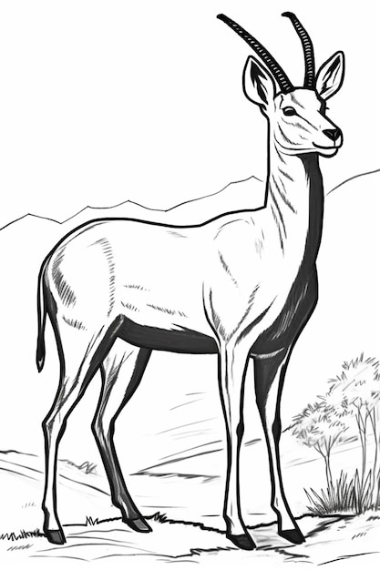 un dibujo en blanco y negro de una gacela de pie en el desierto generativo ai