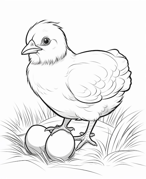Un dibujo en blanco y negro de una gallina en un nido generativo ai