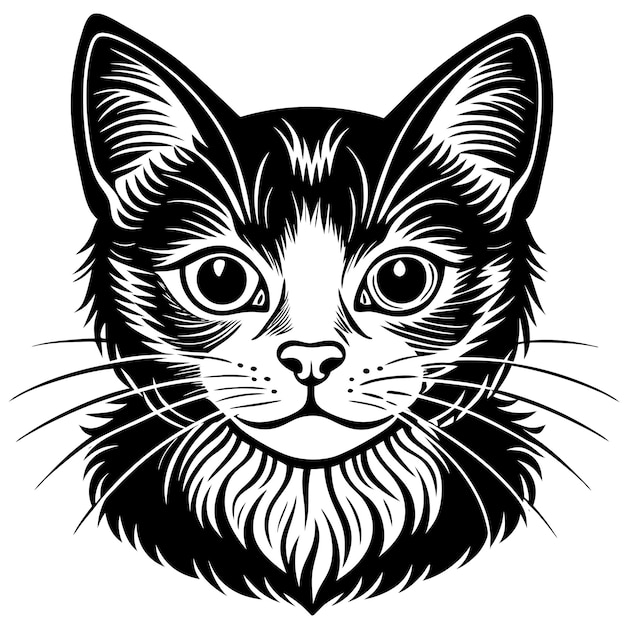 un dibujo en blanco y negro de un gato con una cara negra y un contorno blanco
