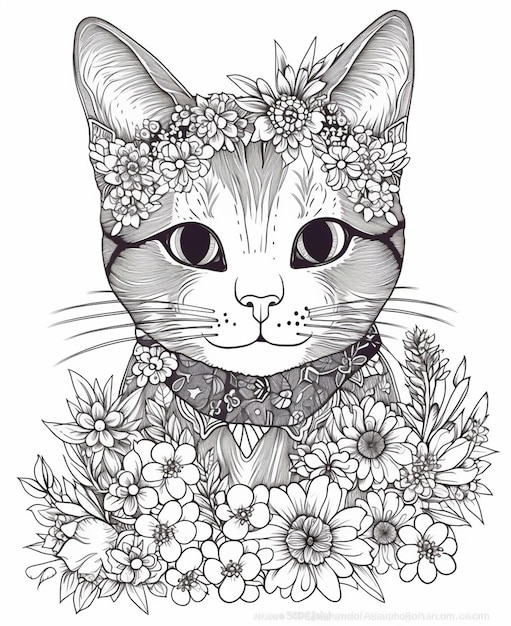 Un dibujo en blanco y negro de un gato con flores en la cabeza.