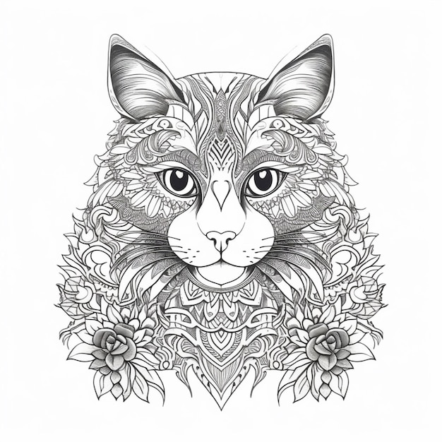 un dibujo en blanco y negro de un gato con flores generativa ai