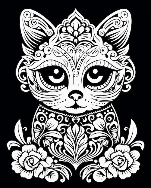 un dibujo en blanco y negro de un gato con flores generativas ai