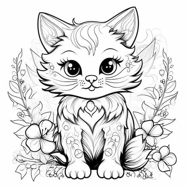 un dibujo en blanco y negro de un gato con flores y hojas ai generativo