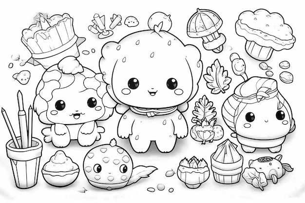 Foto un dibujo en blanco y negro de un gato kawaii y cupcakes.