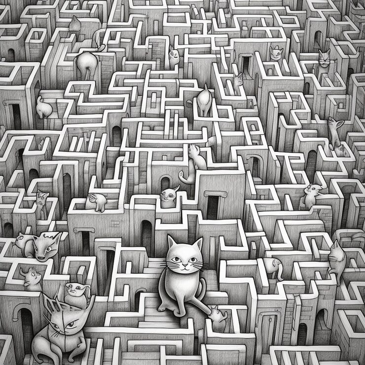 Foto un dibujo en blanco y negro de un gato en un laberinto.
