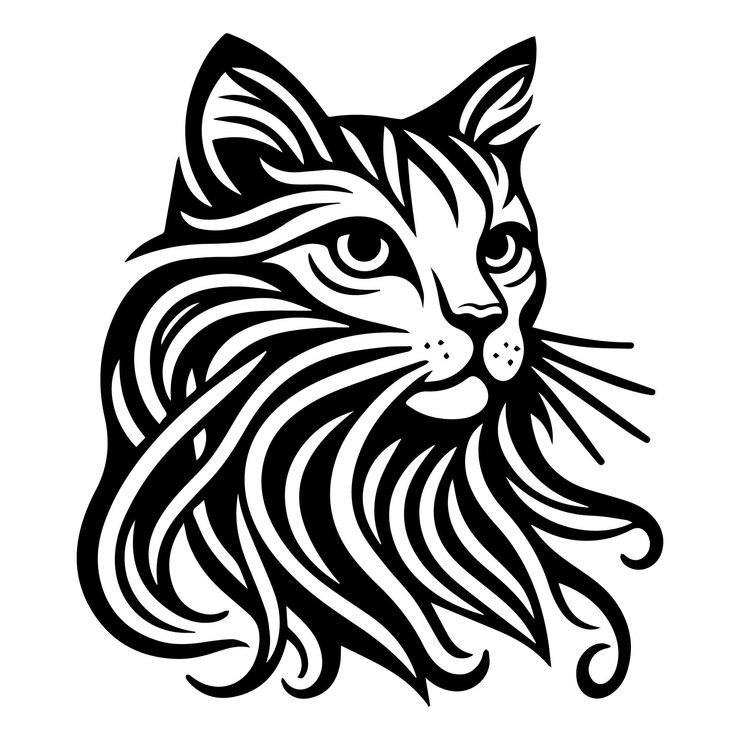 un dibujo en blanco y negro de un gato con una larga cola