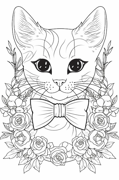 Un dibujo en blanco y negro de un gato con un lazo y rosas.