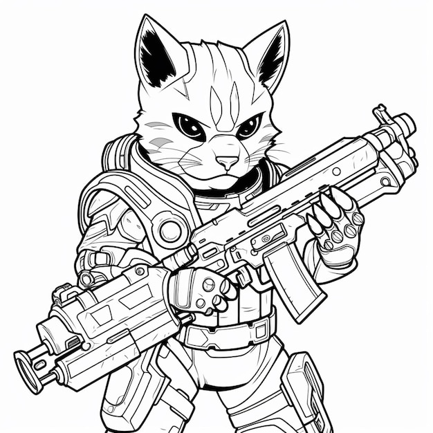 un dibujo en blanco y negro de un gato con una pistola generativa ai