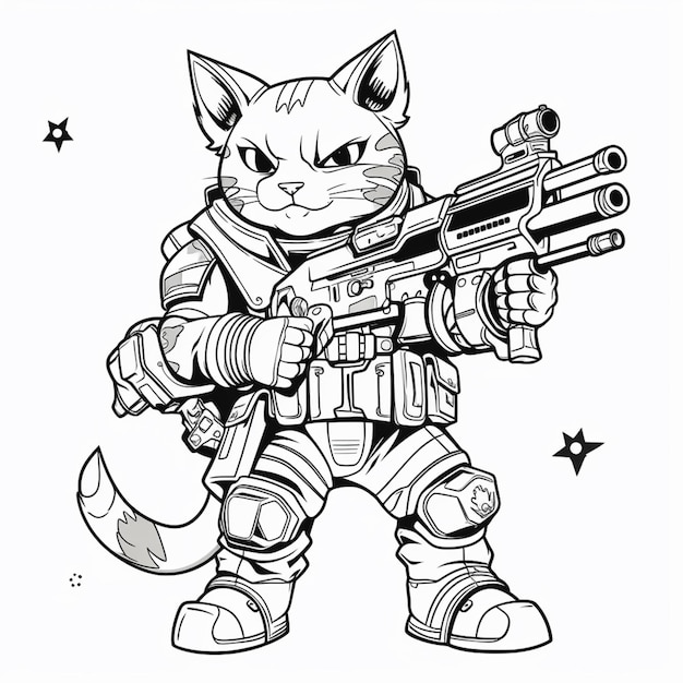 un dibujo en blanco y negro de un gato con una pistola generativa ai