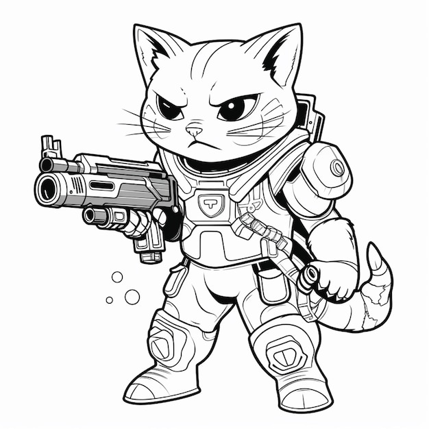 un dibujo en blanco y negro de un gato con una pistola generativa ai
