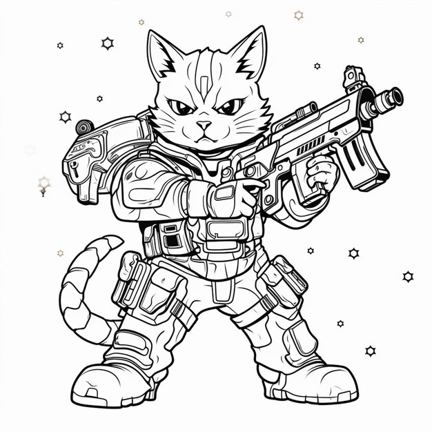 un dibujo en blanco y negro de un gato con una pistola generativa ai