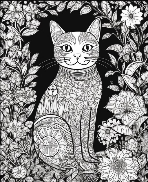 un dibujo en blanco y negro de un gato sentado en un jardín generativo ai