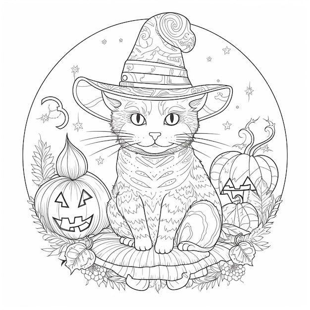 un dibujo en blanco y negro de un gato con sombrero de bruja ai generativo