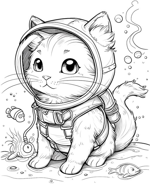 Foto un dibujo en blanco y negro de un gato con un traje espacial