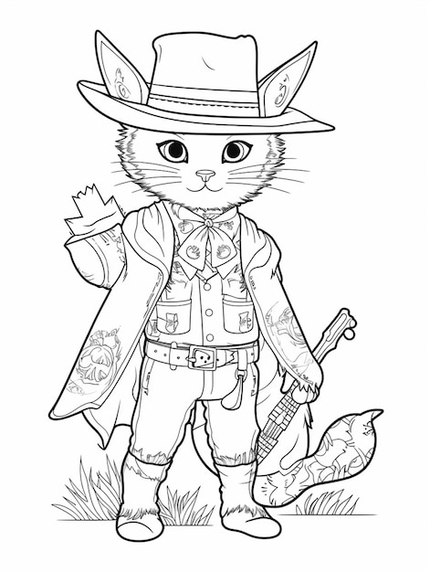 un dibujo en blanco y negro de un gato vestido con un traje de vaquero ai generativo