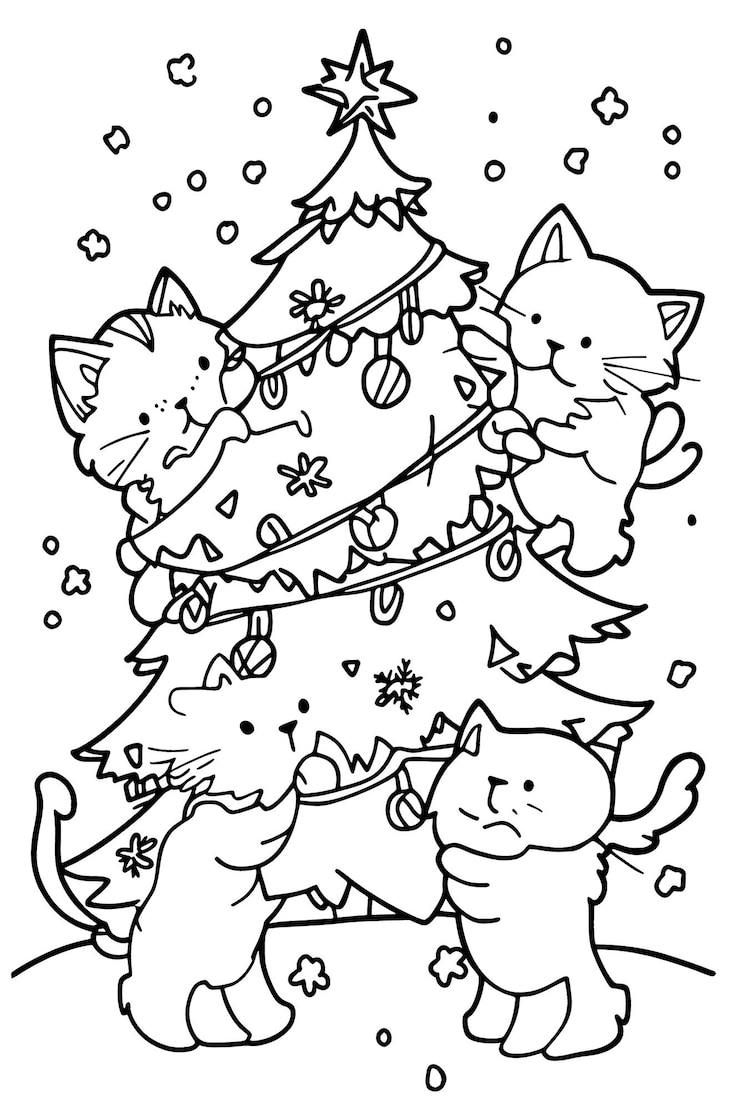 Foto un dibujo en blanco y negro de gatos jugando con un árbol de navidad