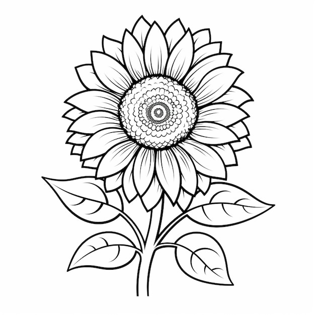 un dibujo en blanco y negro de un girasol con hojas generativas ai
