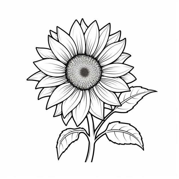 Foto un dibujo en blanco y negro de un girasol con hojas generativas ai