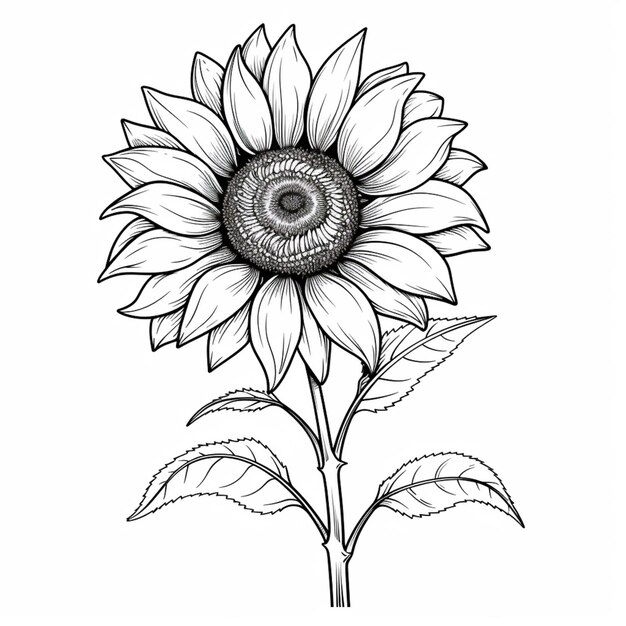 un dibujo en blanco y negro de un girasol con hojas generativas ai