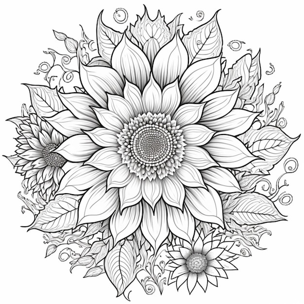 un dibujo en blanco y negro de un girasol rodeado de hojas generativas ai