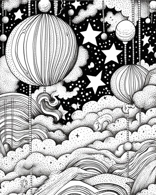 un dibujo en blanco y negro de un globo aerostático volando sobre un mar ai generativo