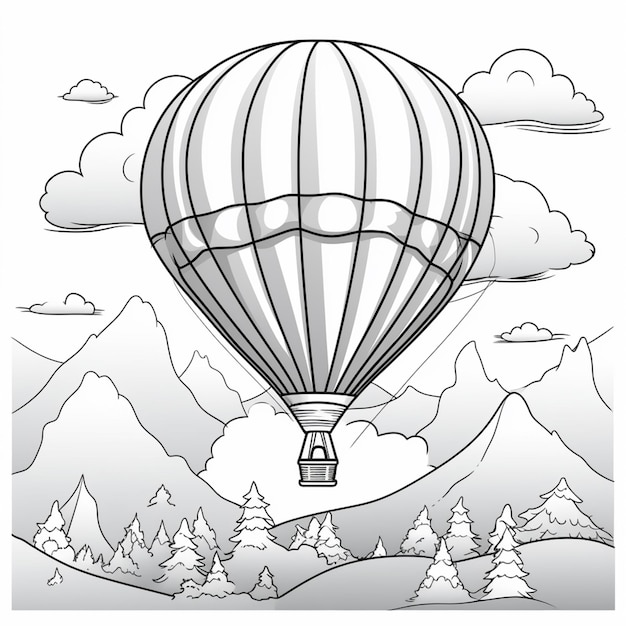 un dibujo en blanco y negro de un globo aerostático volando sobre una montaña ai generativo