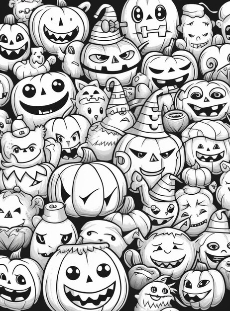 un dibujo en blanco y negro de un gran grupo de calabazas generativ ai