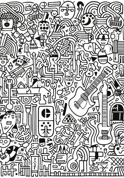 Un dibujo en blanco y negro de un gran grupo de objetos generativos ai