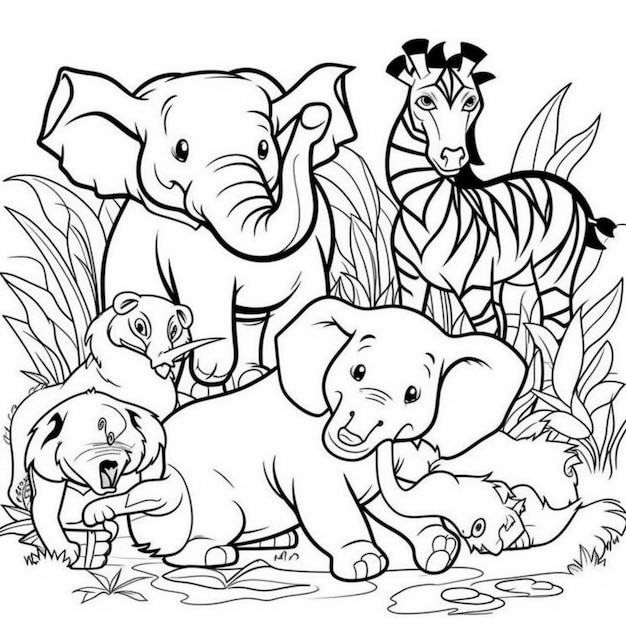 un dibujo en blanco y negro de un grupo de animales en la selva generativo ai