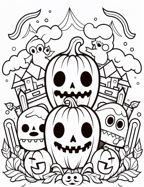 un dibujo en blanco y negro de un grupo de calabazas de Halloween generativo ai