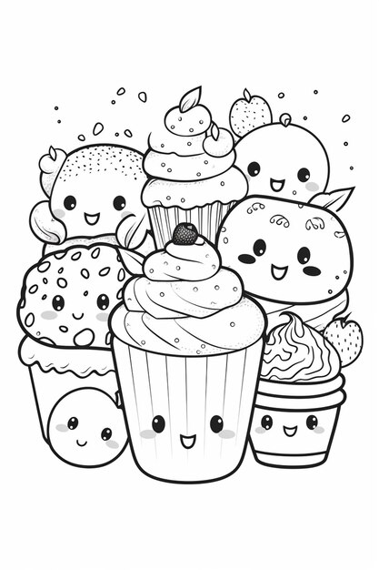 Foto un dibujo en blanco y negro de un grupo de cupcakes con caras generativas ai