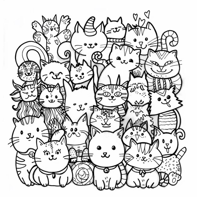 un dibujo en blanco y negro de un grupo de gatos generativos ai