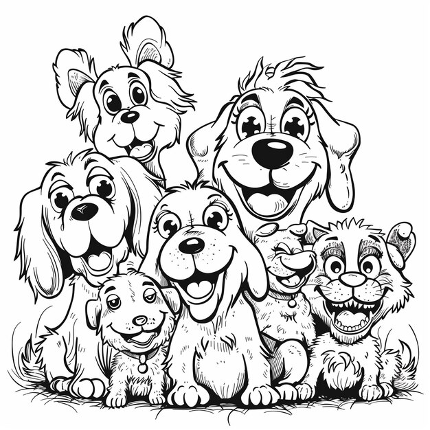 un dibujo en blanco y negro de un grupo de perros y gatos generativos ai