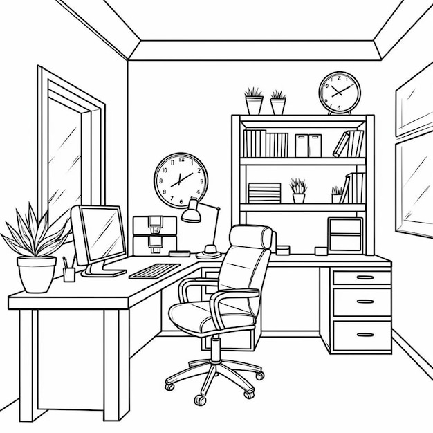 Foto un dibujo en blanco y negro de una habitación con una computadora y un reloj