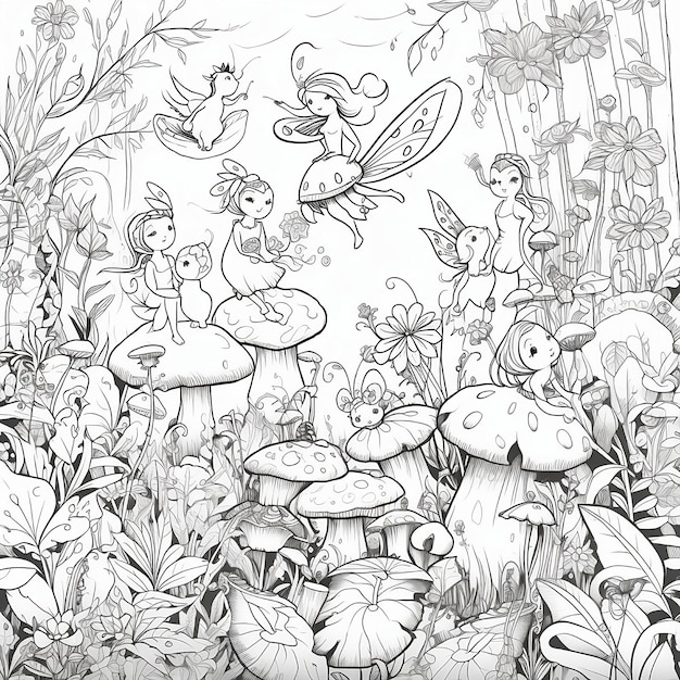 Un dibujo en blanco y negro de hadas en un bosque con un pájaro en la parte superior.