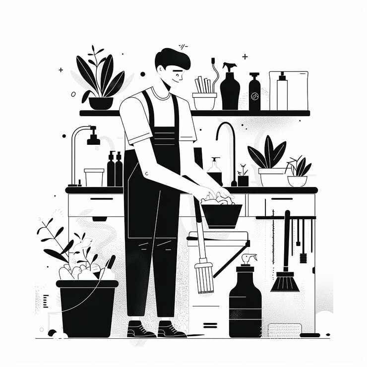 Foto un dibujo en blanco y negro de un hombre en una cocina con una olla y una olla con una planta en ella