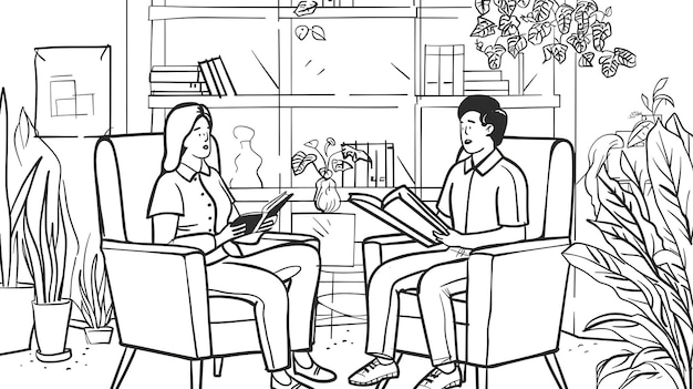 un dibujo en blanco y negro de un hombre y una mujer leyendo un libro