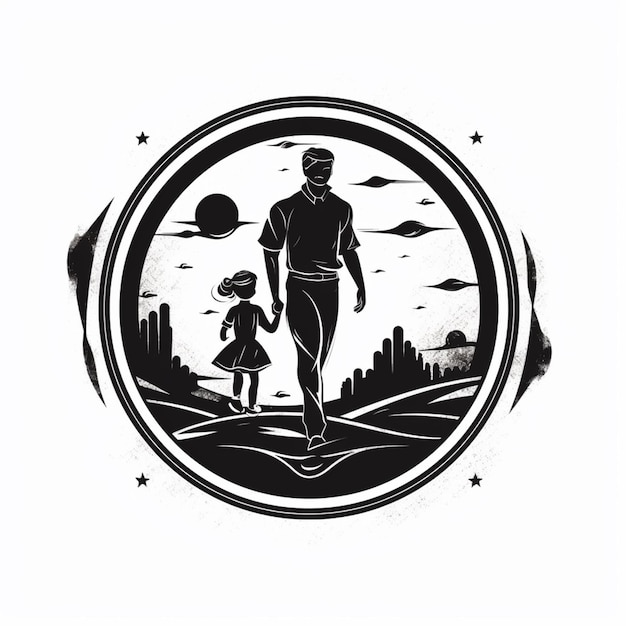 un dibujo en blanco y negro de un hombre y un niño caminando en un campo generativo ai