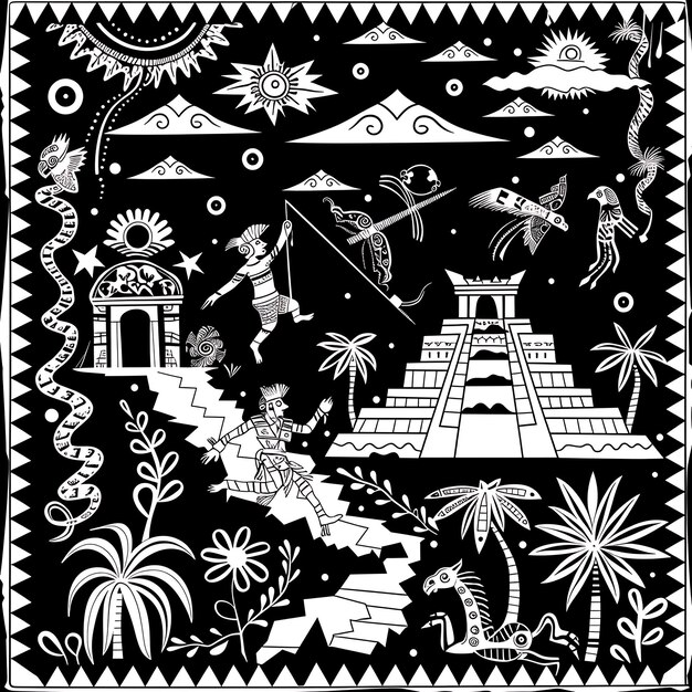 Foto un dibujo en blanco y negro de un hombre y una pirámide con un dragón en él