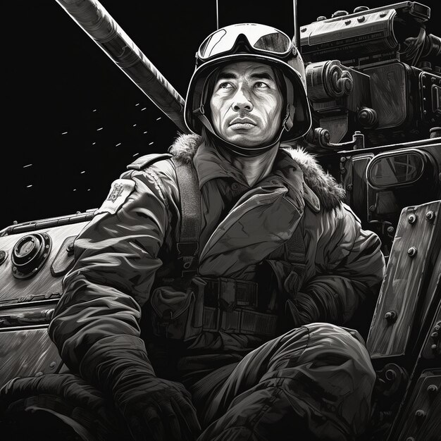 un dibujo en blanco y negro de un hombre con uniforme militar