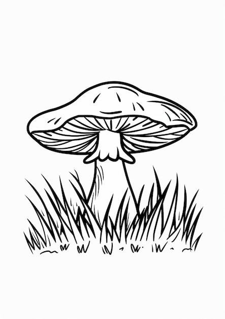 un dibujo en blanco y negro de un hongo con un fondo blanco
