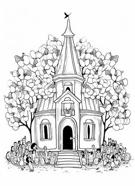 Foto un dibujo en blanco y negro de una iglesia con un campanario ai generativo