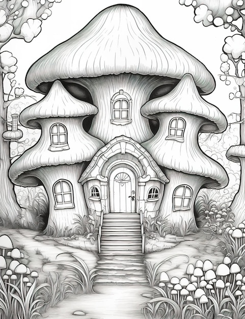 Un dibujo en blanco y negro de una imagen de ai generativa de una casa de hongos
