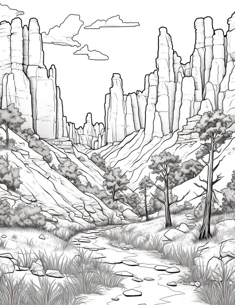 Un dibujo en blanco y negro de una imagen de ai generativa de paisaje de montaña