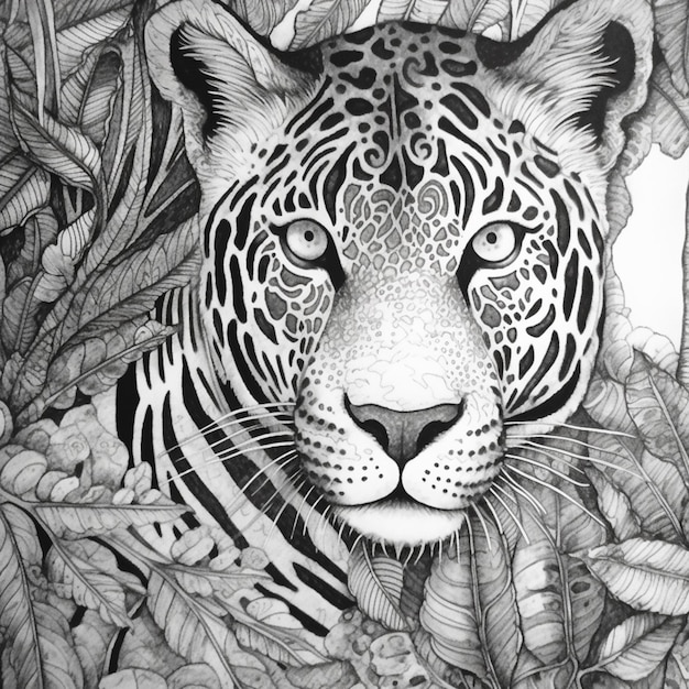 Un dibujo en blanco y negro de un jaguar con cara de jungla.